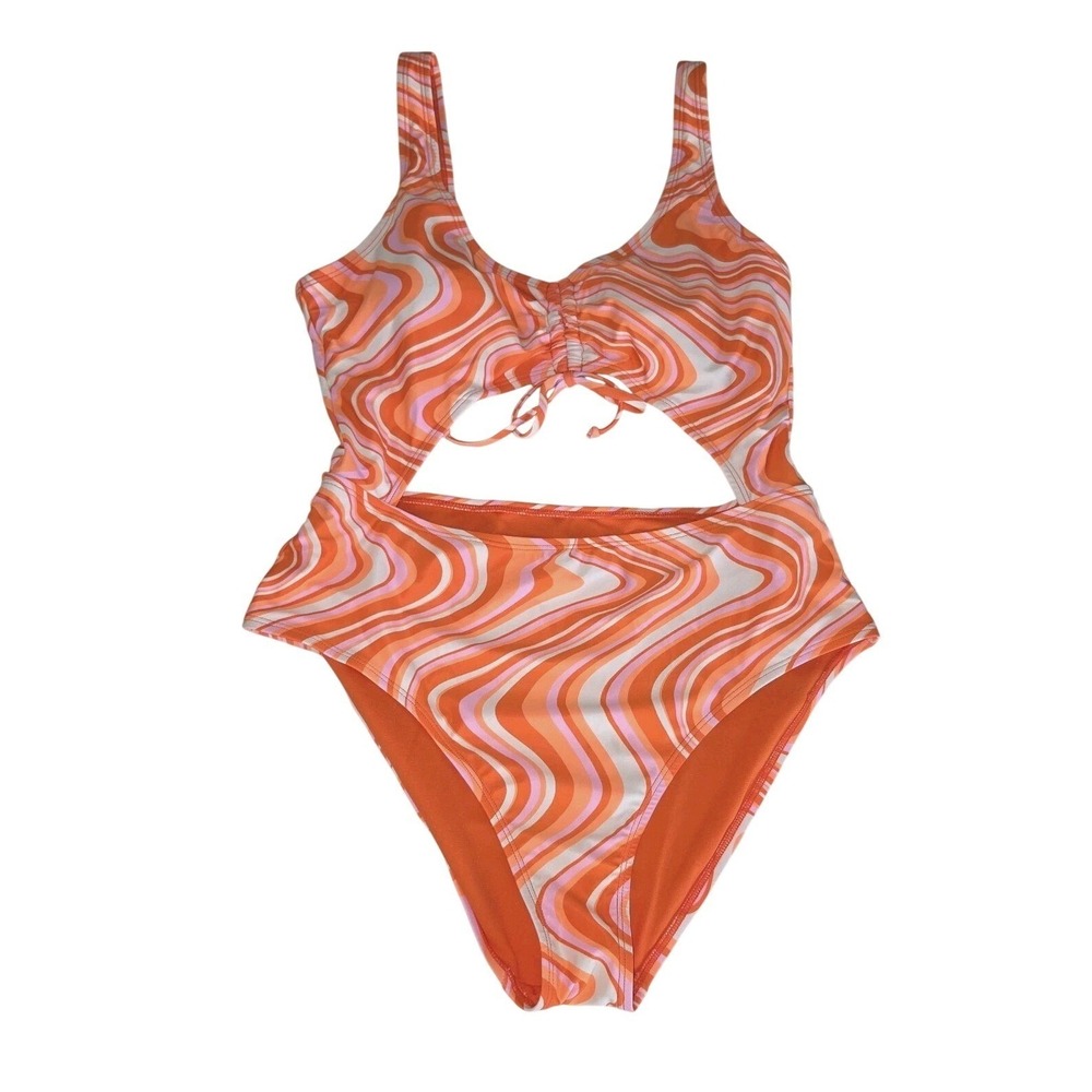 No Boundaries Orange Wavy Cut‎ Out Monokini Juniors L (11-13)